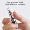 A hand is pinching a thin, metallic tool with a blue and gold handle, demonstrating its clamping function.