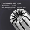 Close-up view of a portable stainless steel nose hair trimmer with precision cutting blades.