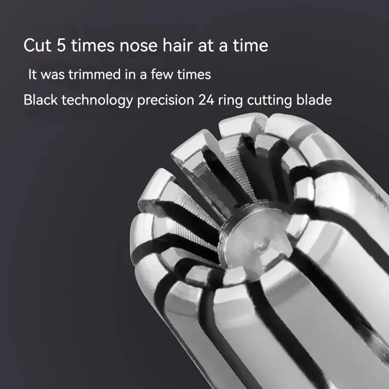 Close-up view of a portable stainless steel nose hair trimmer with precision cutting blades.