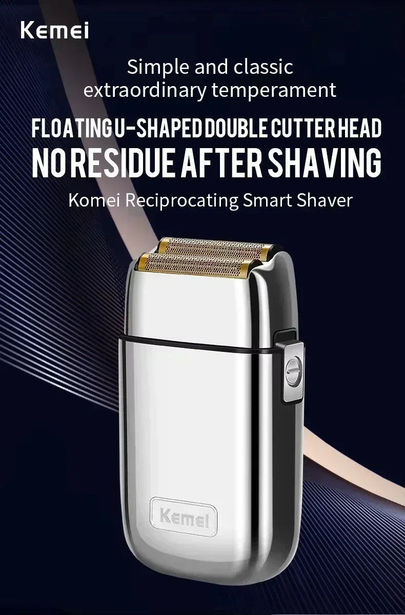 A silver Kemei reciprocating smart shaver with a floating U-shaped double cutter head shown against a dark background.