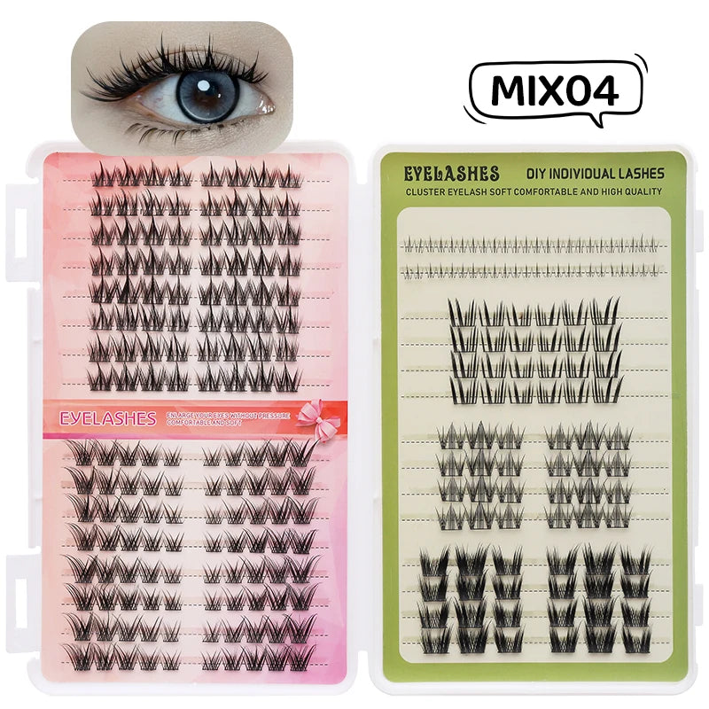 Kit pour extensions de cils individuels DIY, montrant divers styles de faux cils sur fond rose et vert.