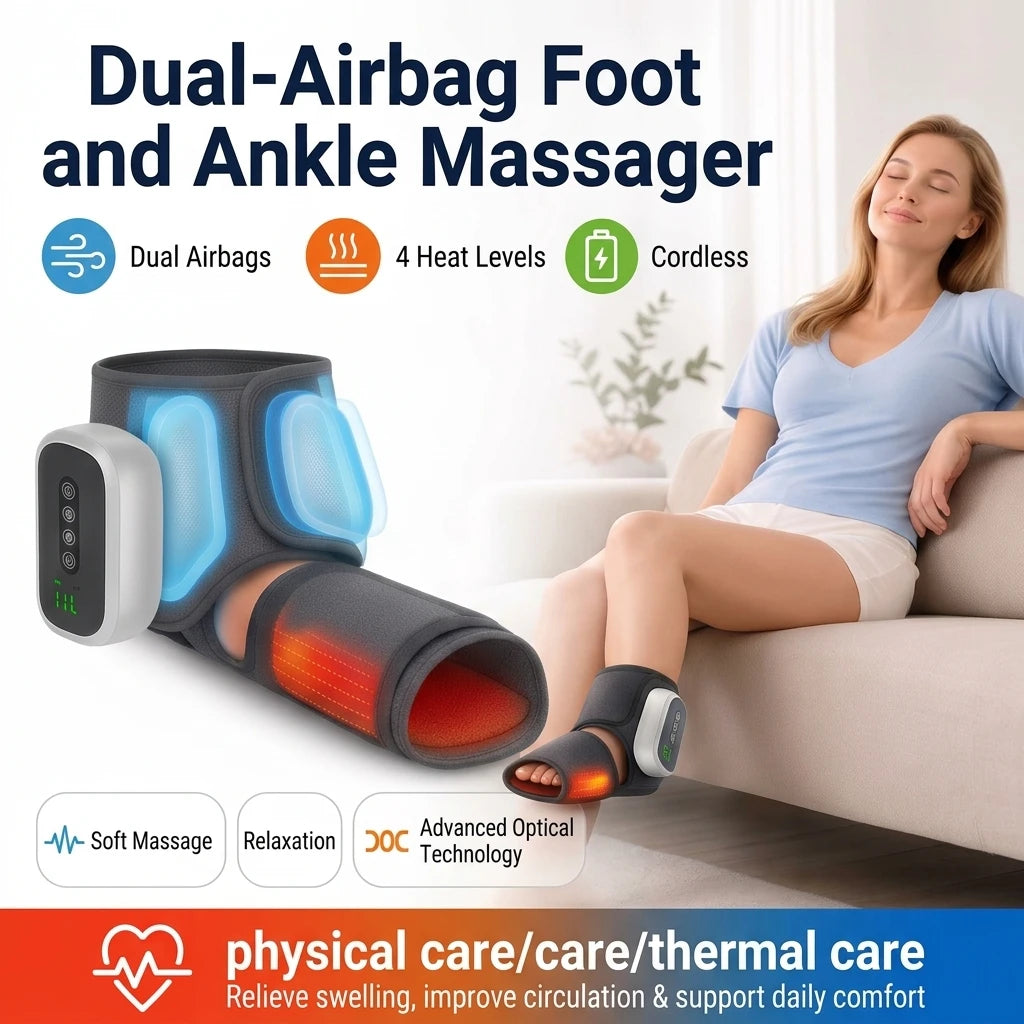 A woman is using a dual-airbag foot and ankle massager on her leg while relaxing on a sofa.