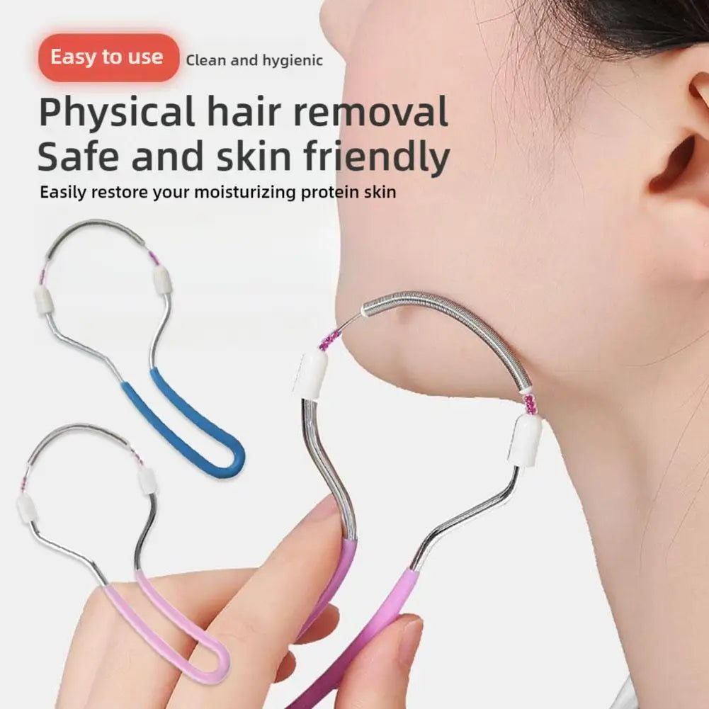 A hand is holding a silver facial hair removal tool, demonstrating its use on the side of a person's face.