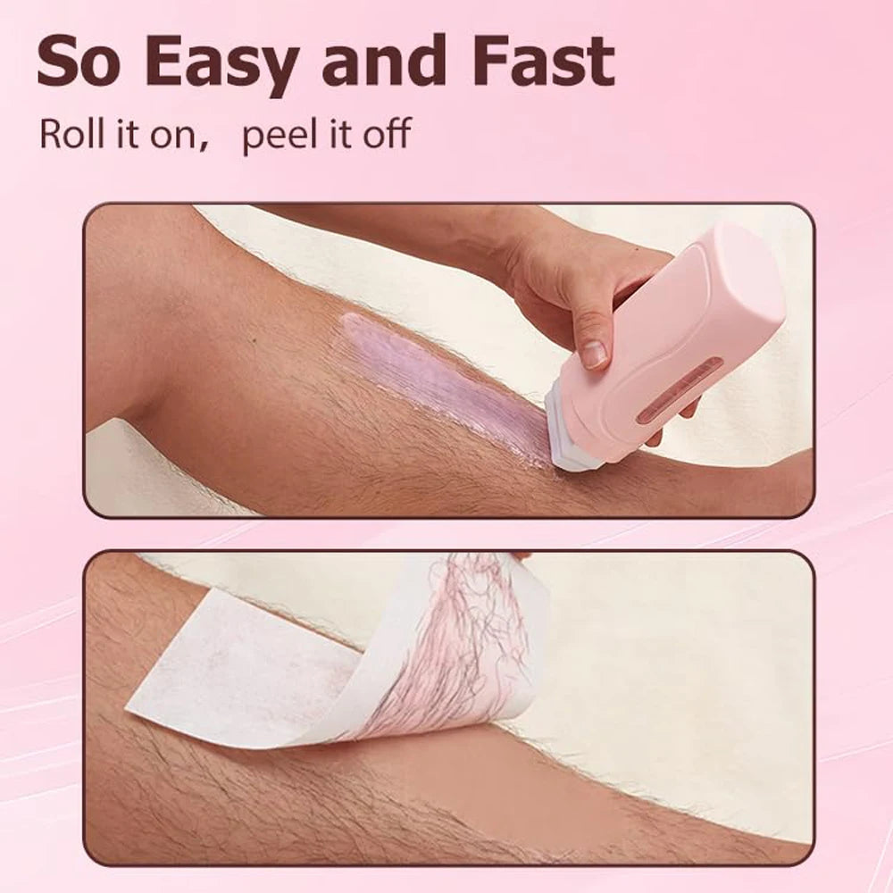 A hand applies a pink wax onto skin, and a device is used to roll it on and peel it off.