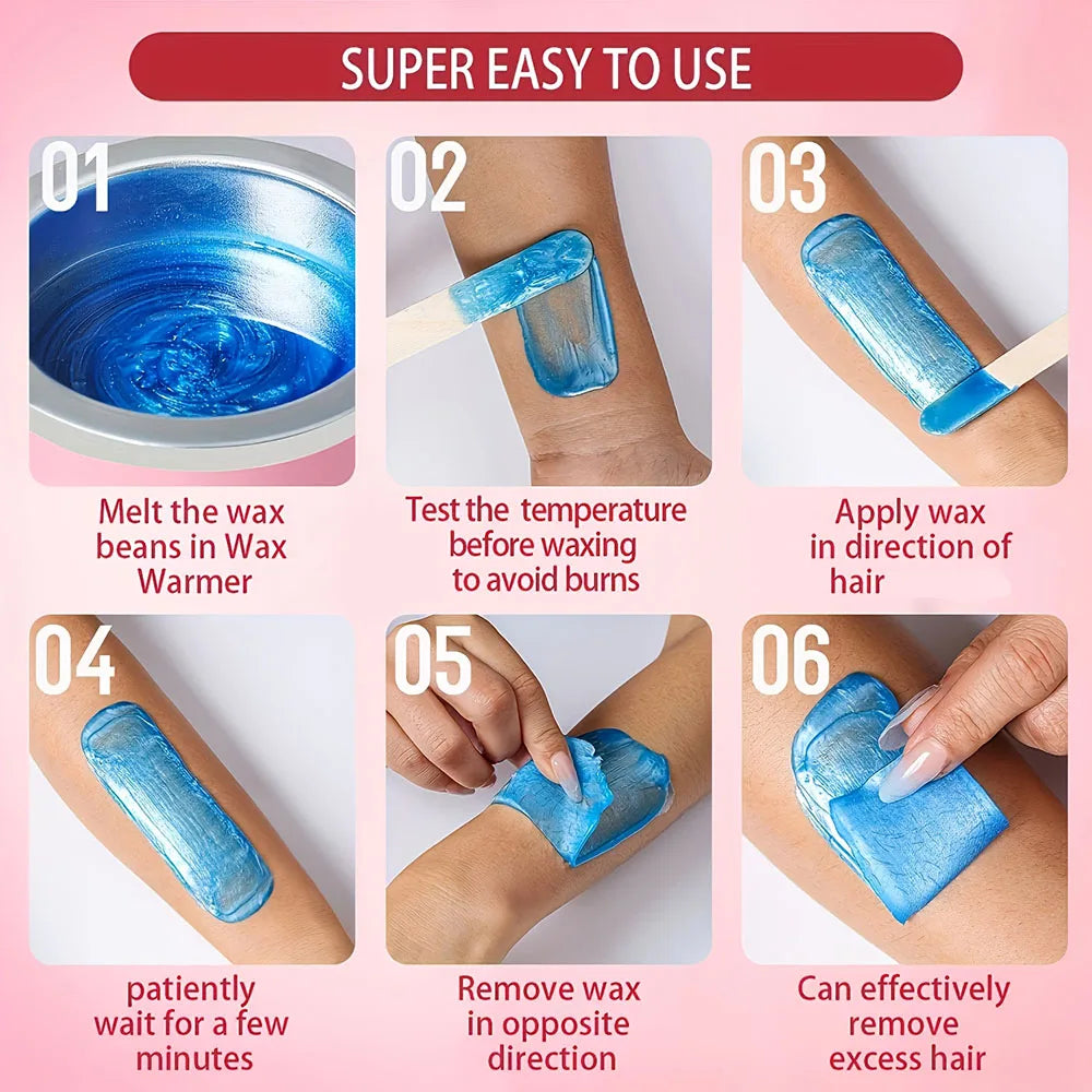 A set of blue wax beads and a wax warmer are shown with instructions for hair removal.