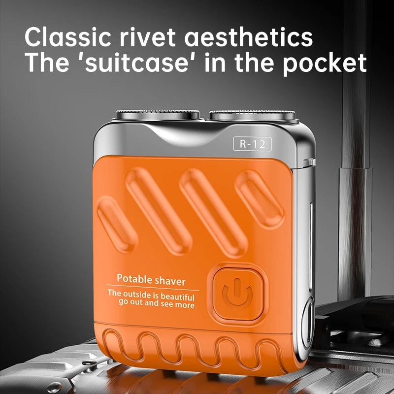 Orange and silver portable shaver with rivet aesthetics shown on a grooming device.