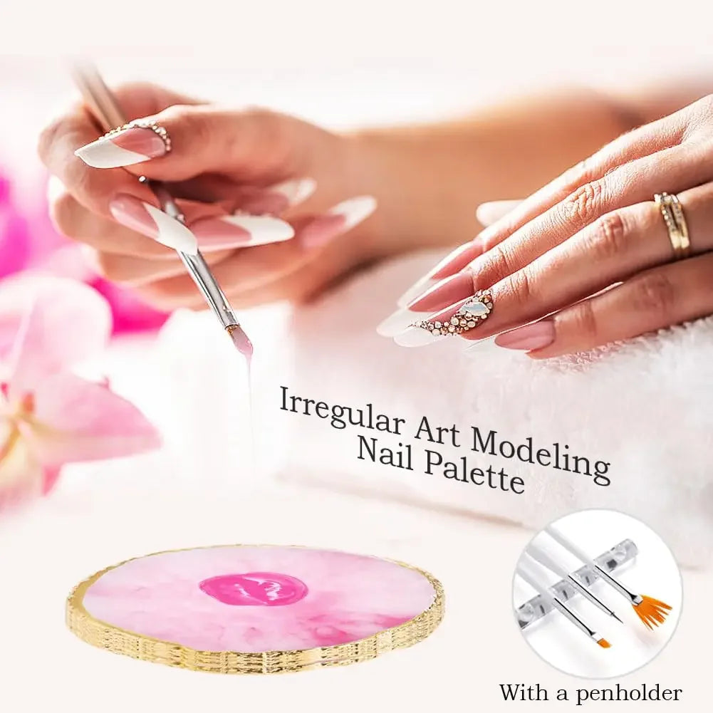 A professional nail art kit featuring a pink and gold palette with a specialized tool for irregular art modeling.