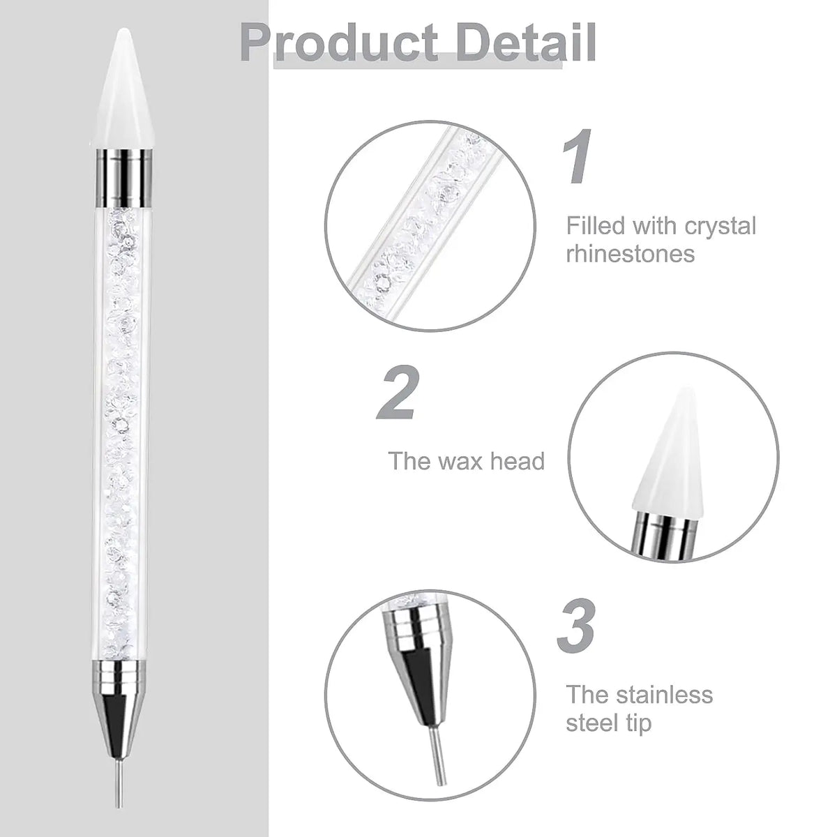 Diagram showing three parts of a dual-ended rhinestone picker tool set: the filled glass, the wax head, and the stainless ste