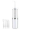A silver portable oral irrigator dental water flosser device with a handheld tip.