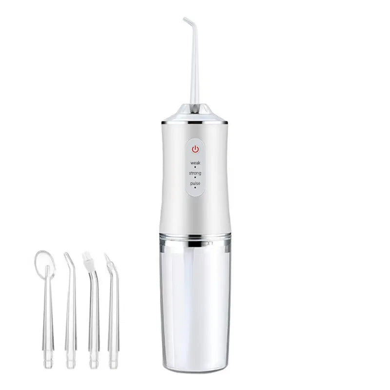 A silver portable oral irrigator dental water flosser device with a handheld tip.