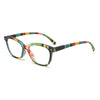 Retro cat eye reading glasses with multicolored striped frames and anti-blue light filter