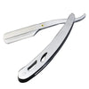 A professional stainless steel straight edge barber razor with a silver handle and blade.
