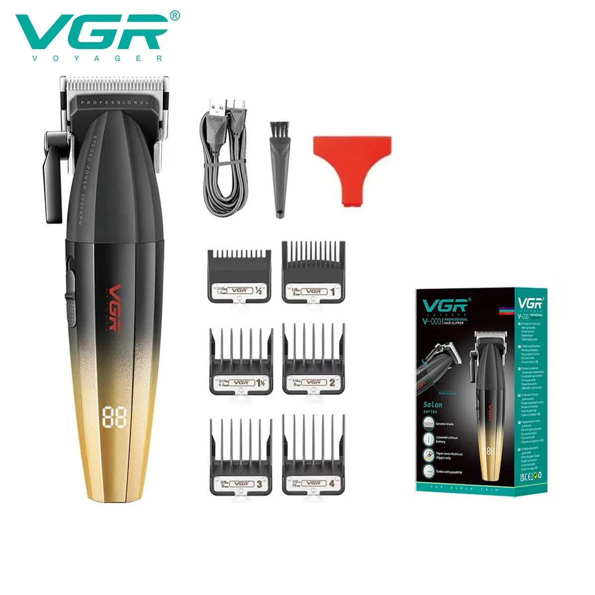 A set of VGR professional cordless hair trimmers and accessories including various guard attachments.