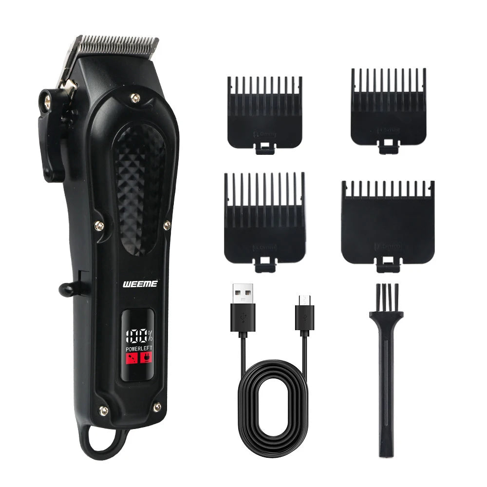 A black 3-in-1 rechargeable barber kit for hair and beard trimming, showing the main unit and three interchangeable trimming 