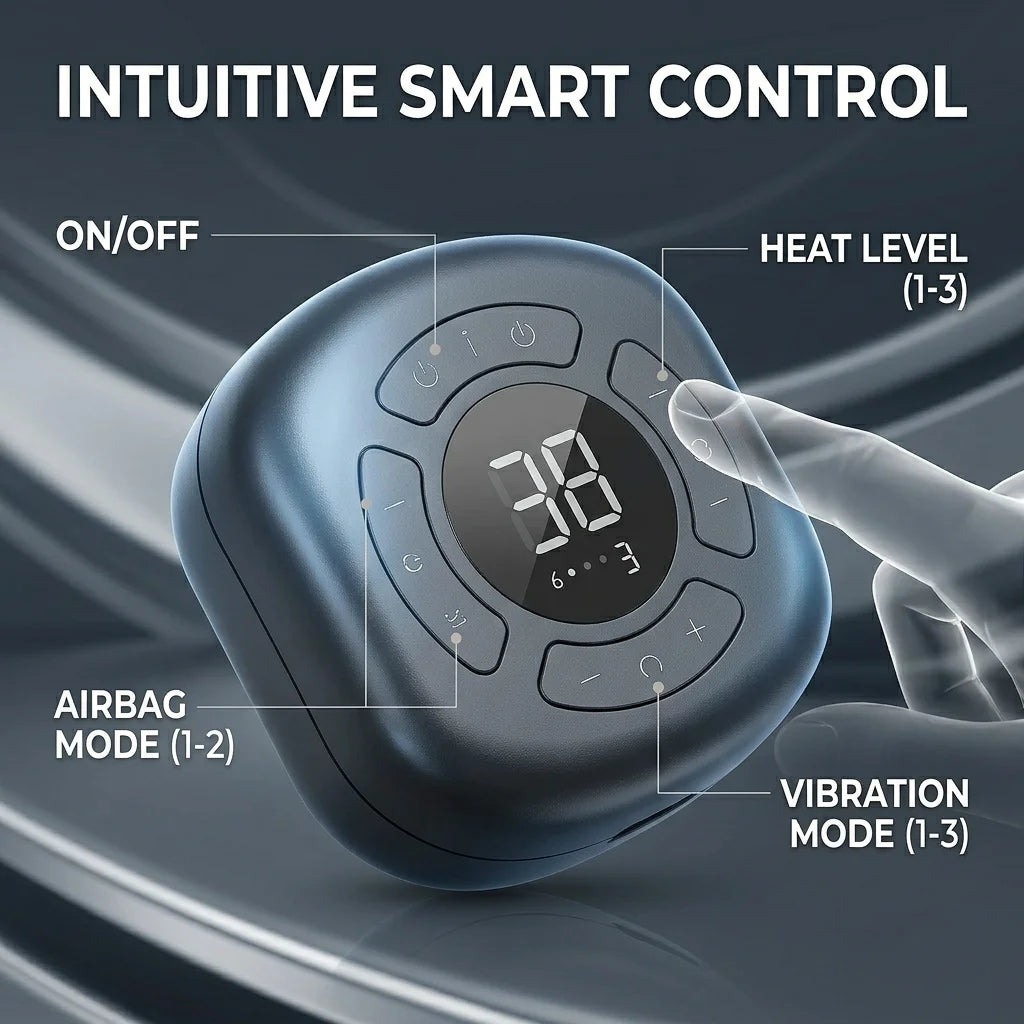 A hand is operating a dark gray smart control device for a multi-function pneumatic ankle and foot massager.