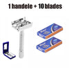 A stainless steel razor set featuring one handle and ten blades.