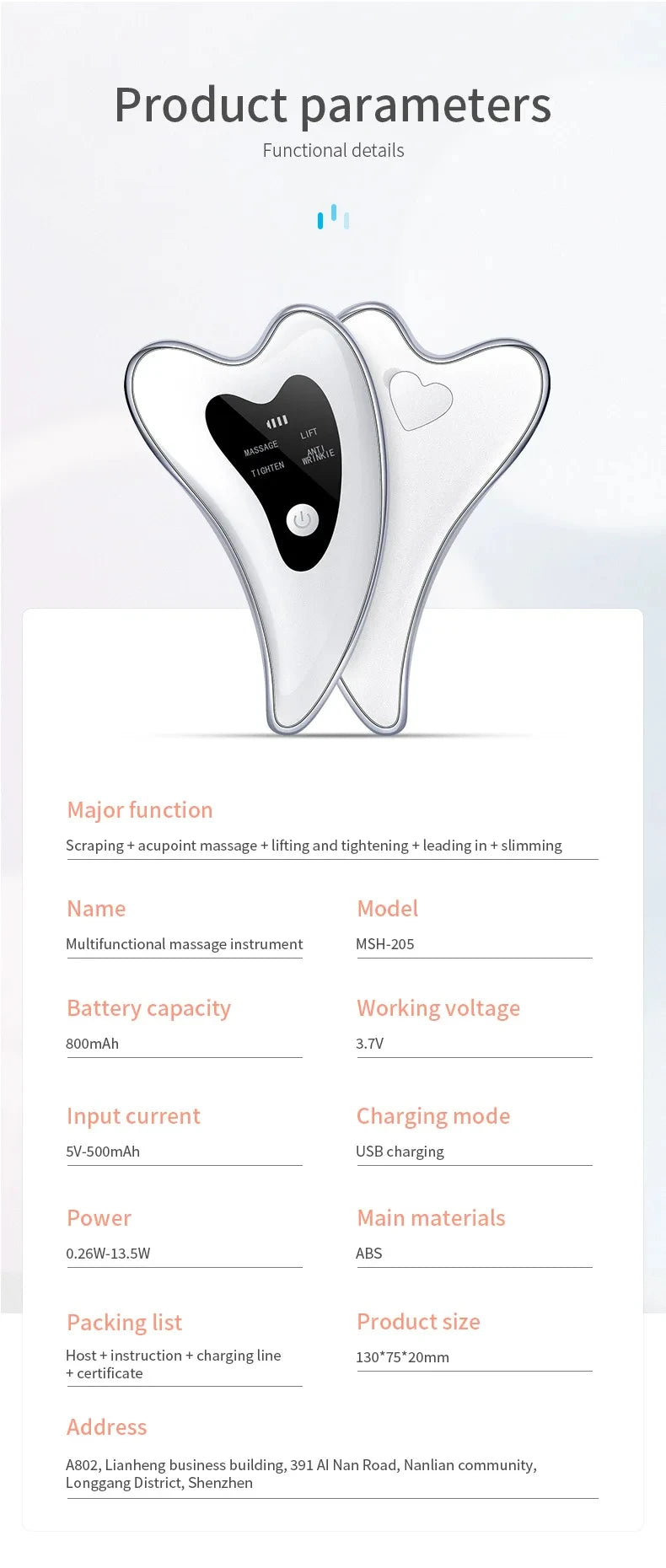 A white microcurrent facial massager instrument with massage, lift, and tighten functions displayed against a light backgroun