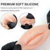 A close-up view of a pink silicone practice skin for lip and facial muscle training.