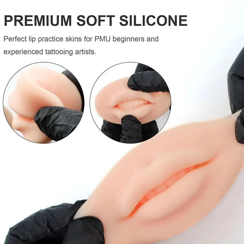 A close-up view of a pink silicone practice skin for lip and facial muscle training.