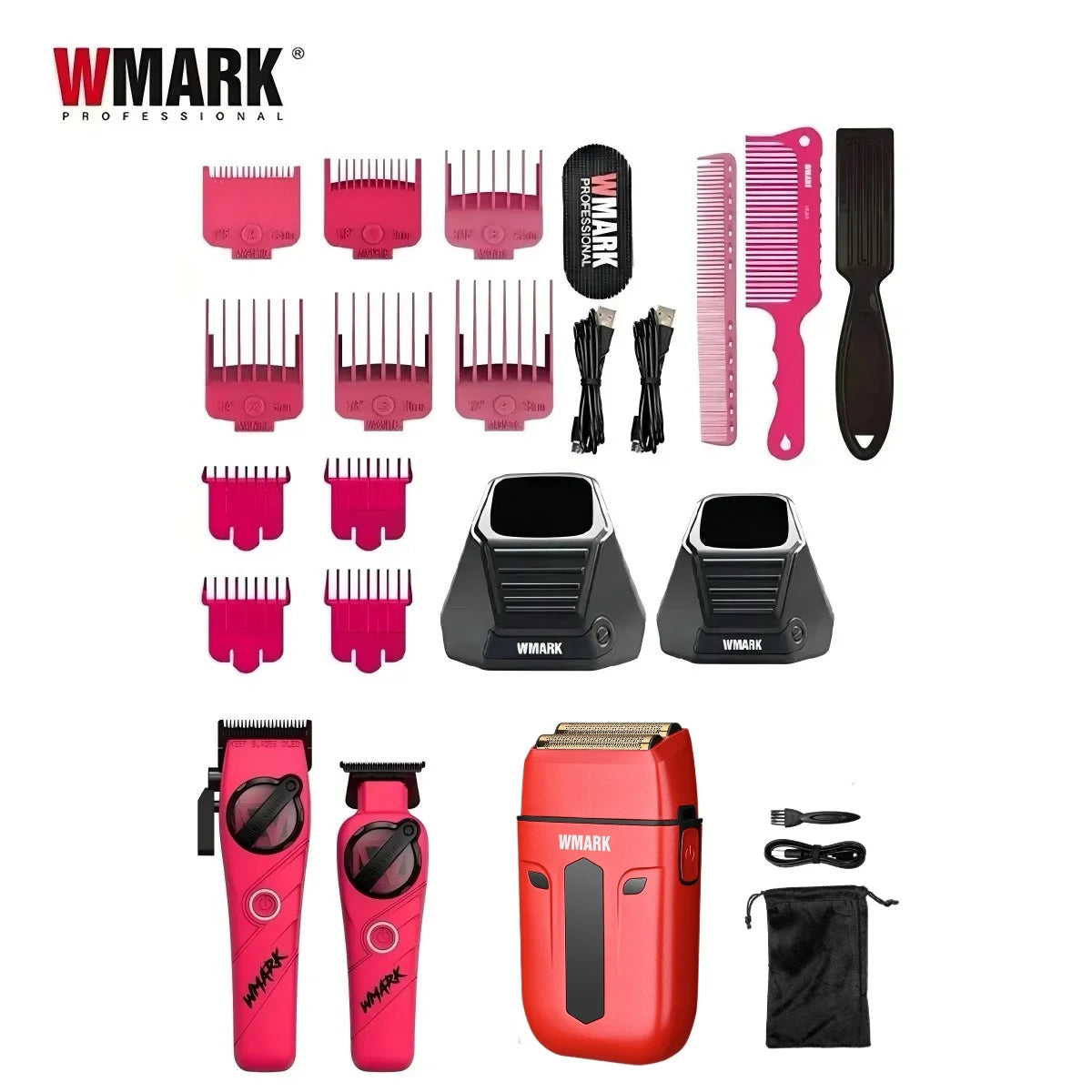 A collection of WMARK professional cordless hair trimmer tools including combs, guards, and trimmers in pink and black.