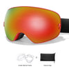 A pair of red-tinted sports goggles shown with an inside optical frame and a separate glasses bag.