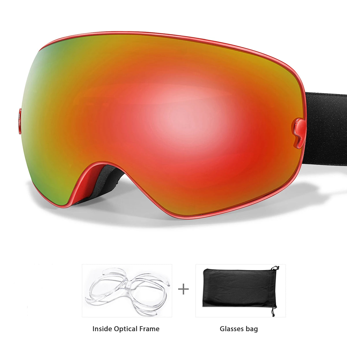 A pair of red-tinted sports goggles shown with an inside optical frame and a separate glasses bag.