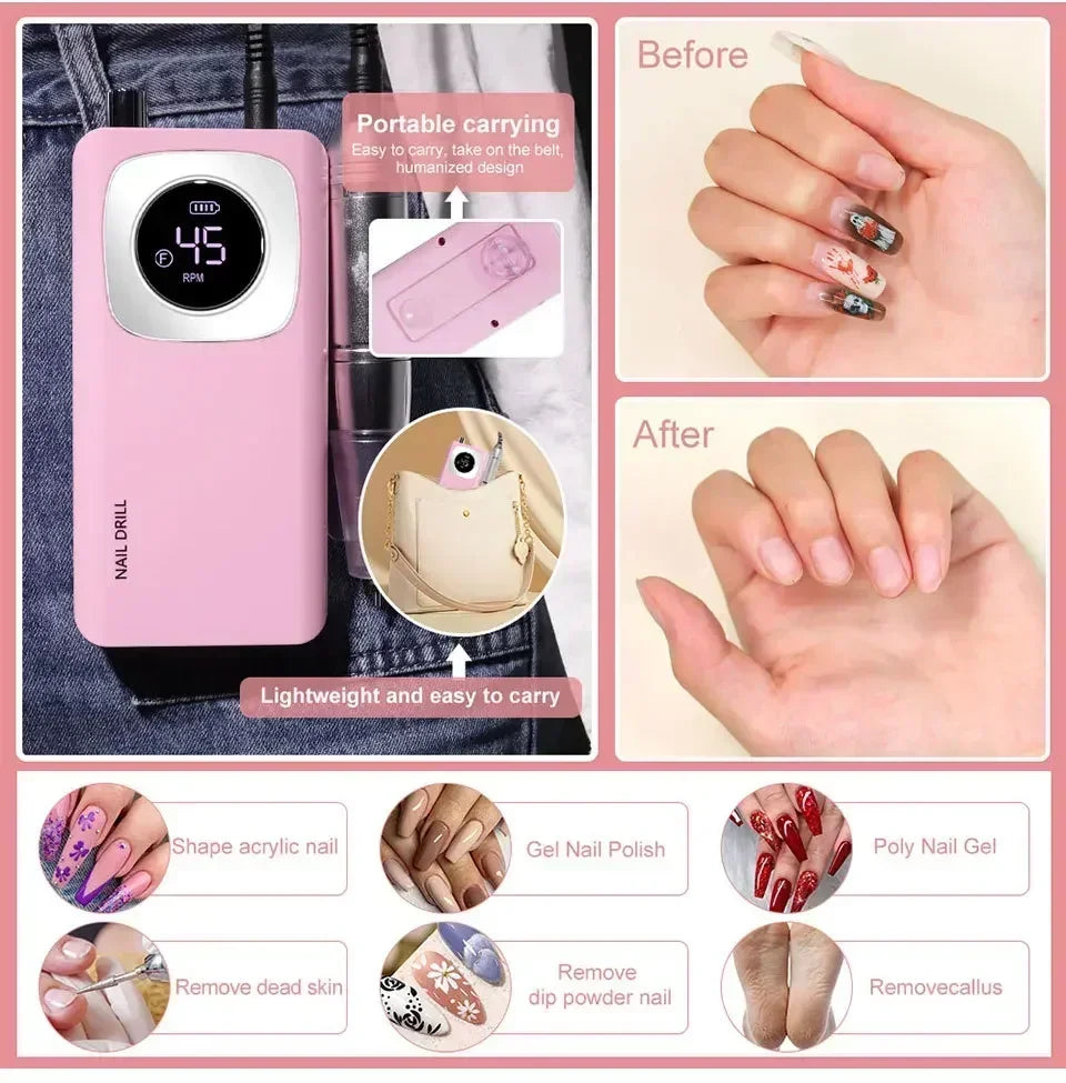 Images avant et après montrant l'utilisation d'une ponceuse électrique portable pour la forme et les soins des ongles.
