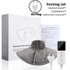 A gray electric heated pad for the shoulder and neck, shown with its packaging and accessories.