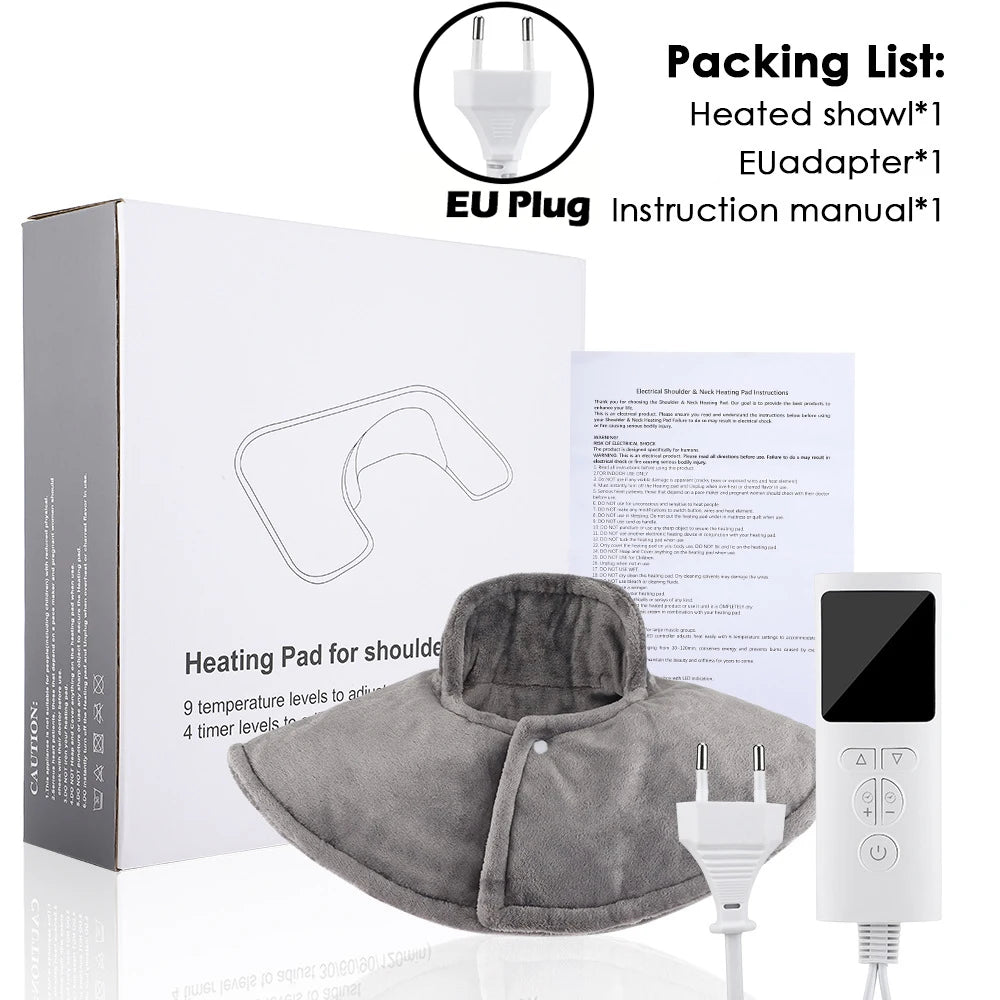 A gray electric heated pad for the shoulder and neck, shown with its packaging and accessories.