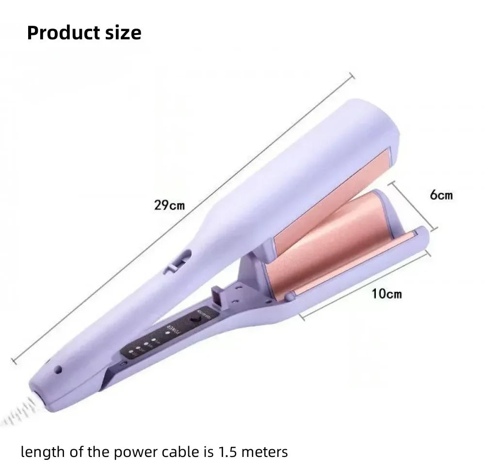 A light purple ceramic hair curling iron with a rose gold finish shown next to its power cord.