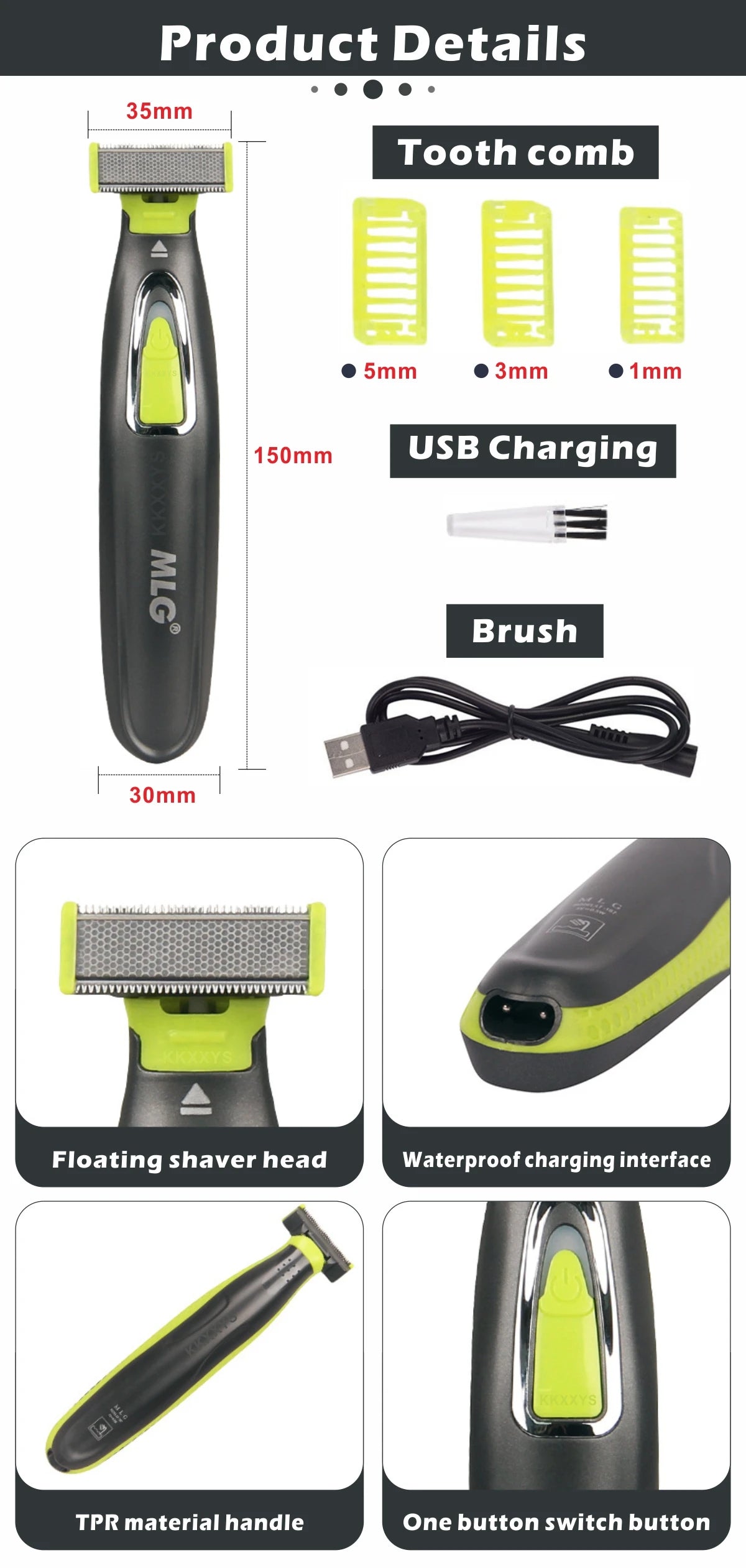 Set aus 3-in-1 elektrischen Rasierern mit Zahnbürste, Bürste und schwimmendem Kopf aus TPR-Material.