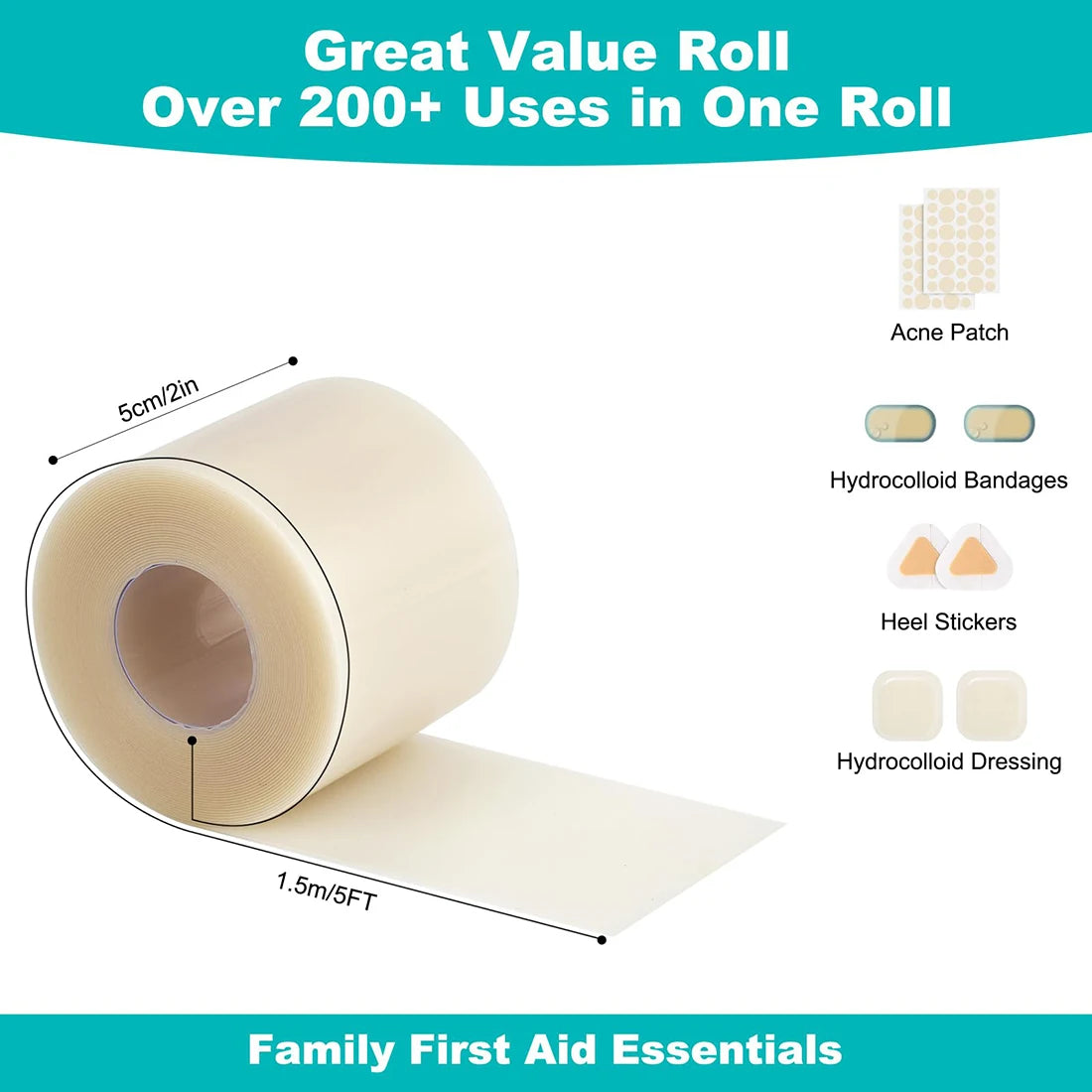 A roll of family first aid essentials including acne patches, hydrocolloid bandages, heel stickers, and hydrocolloid dressing