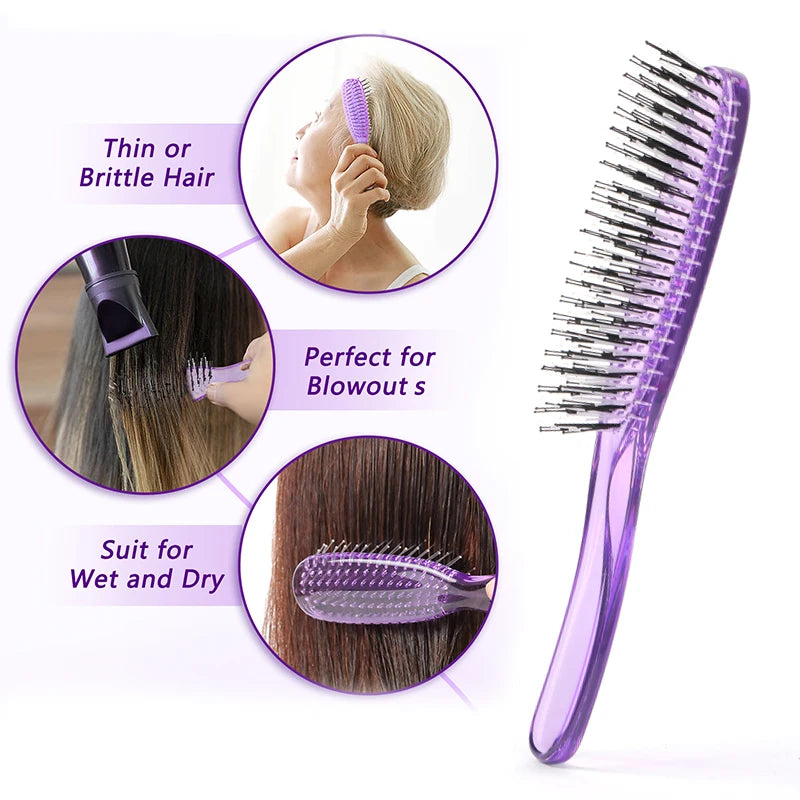 A purple plastic comb used for hair detangling, shown in various uses for thin or brittle hair and wet and dry hair.