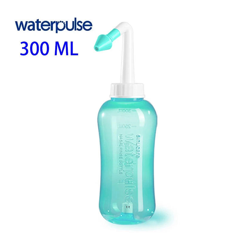 A clear blue waterpulse nasal irrigation bottle with a white nozzle and plunger.