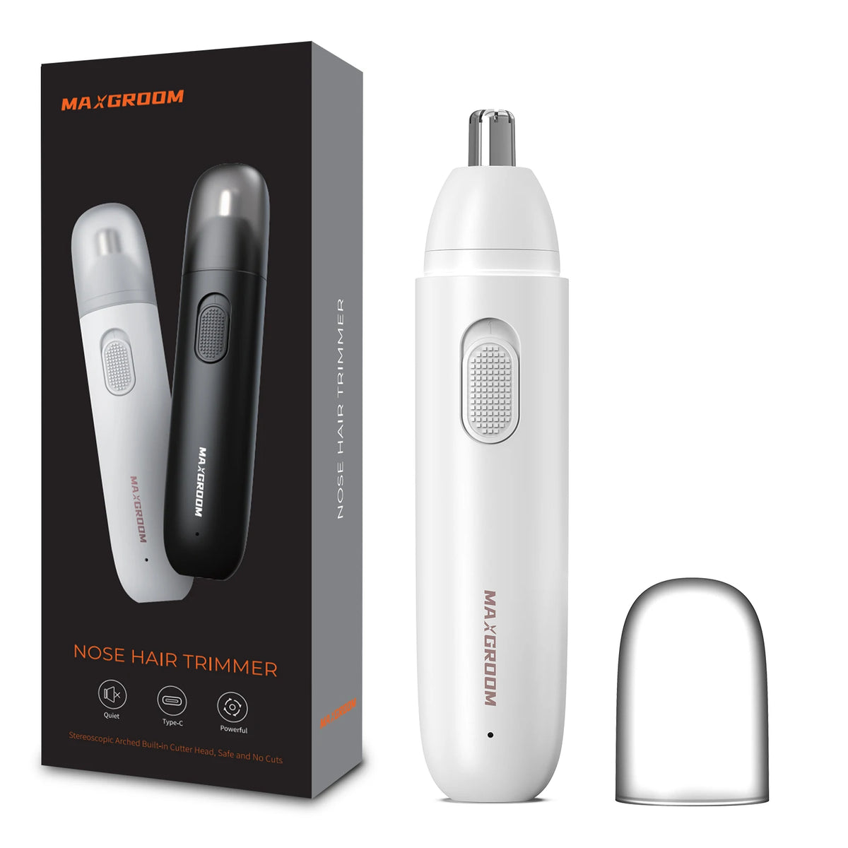 A white precision rechargeable nose hair trimmer with a silver guard shown next to its packaging.