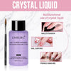 A bottle of Limegirl crystal liquid for nail extensions, shown next to a nail art brush and usage examples.