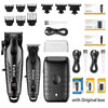 A set of black electric hair and beard trimmers, including various attachments and a main body, with an original box.