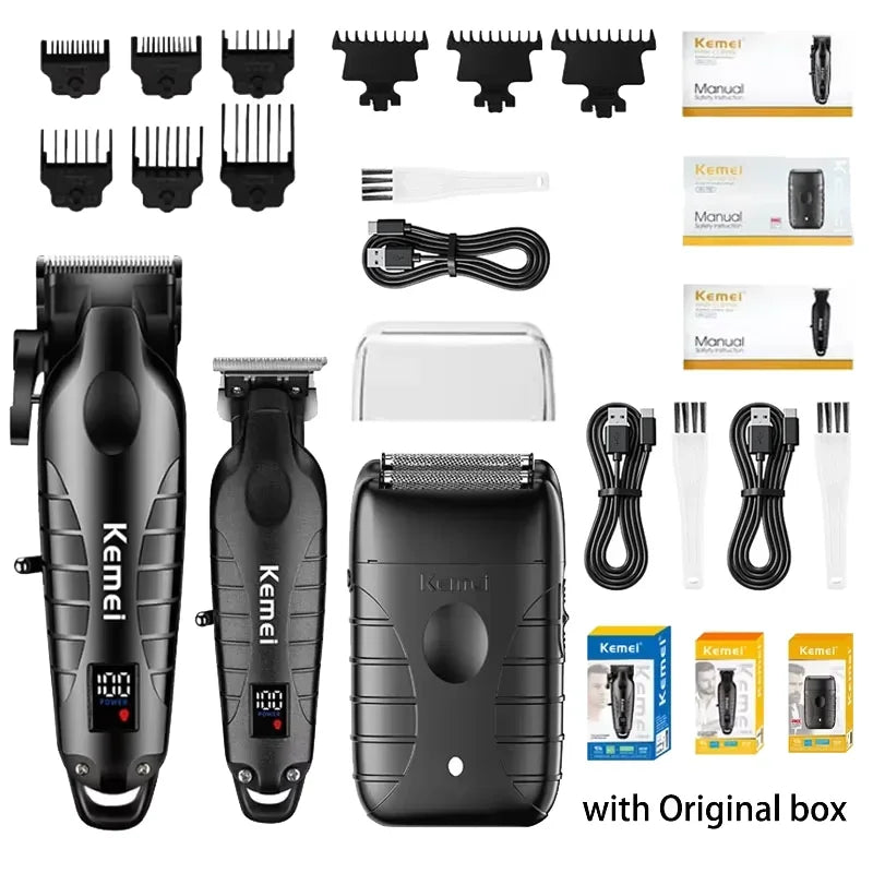 A set of black electric hair and beard trimmers, including various attachments and a main body, with an original box.