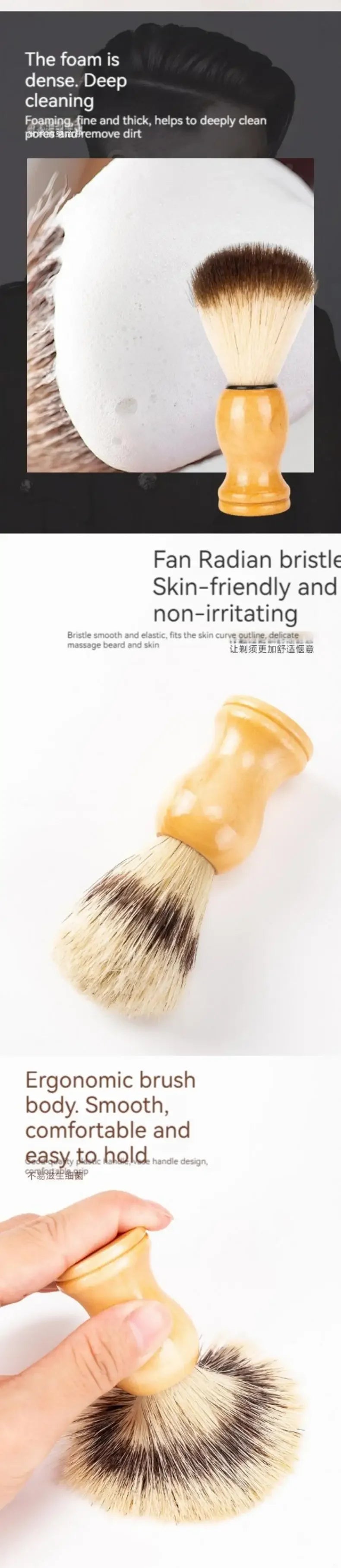 Primer plano de un cepillo para barba de madera con cerdas naturales en uso.