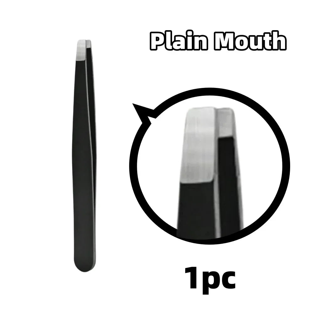 A single black precision stainless steel tweezer for eyebrow grooming.