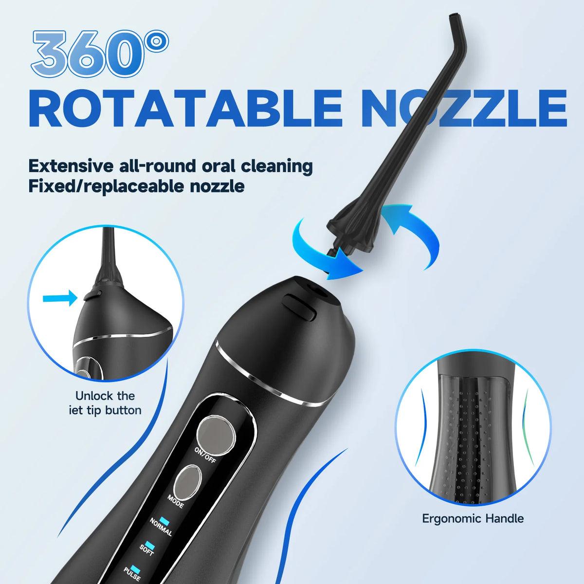 A black rotatable nozzle and handle of a portable cordless water flosser for oral cleaning.