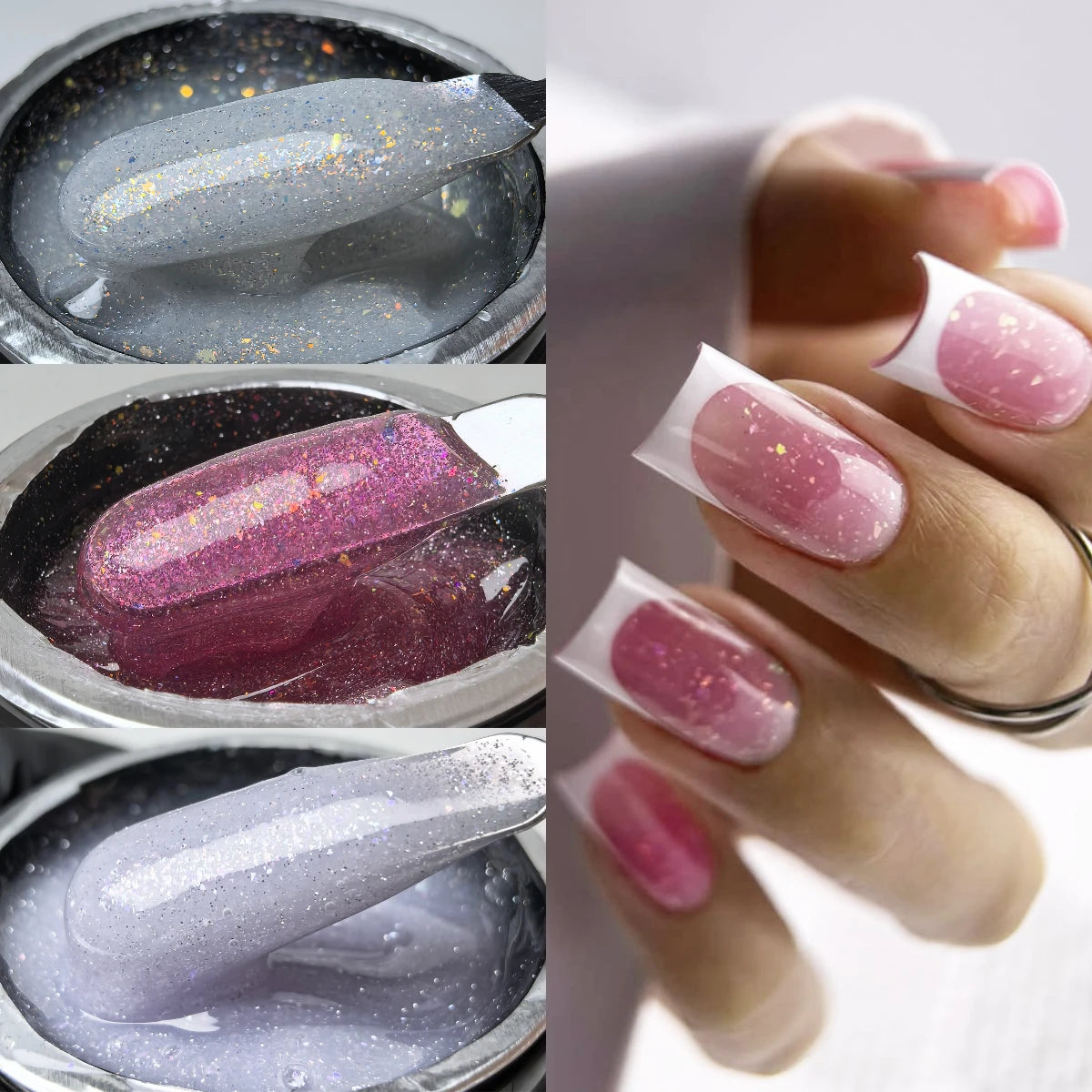 Gros plan de flacons de vernis à ongles montrant diverses nuances de rose et de violet pailleté pour extensions en gel
