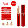 A red 3-in-1 facial and body hair removal device with three heads shown next to the full product.