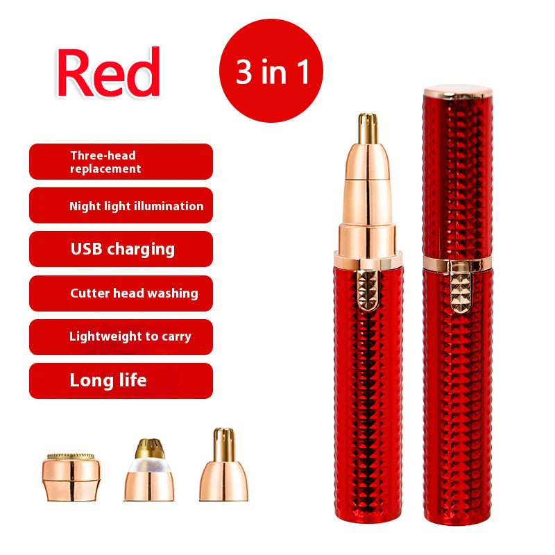 A red 3-in-1 facial and body hair removal device with three heads shown next to the full product.
