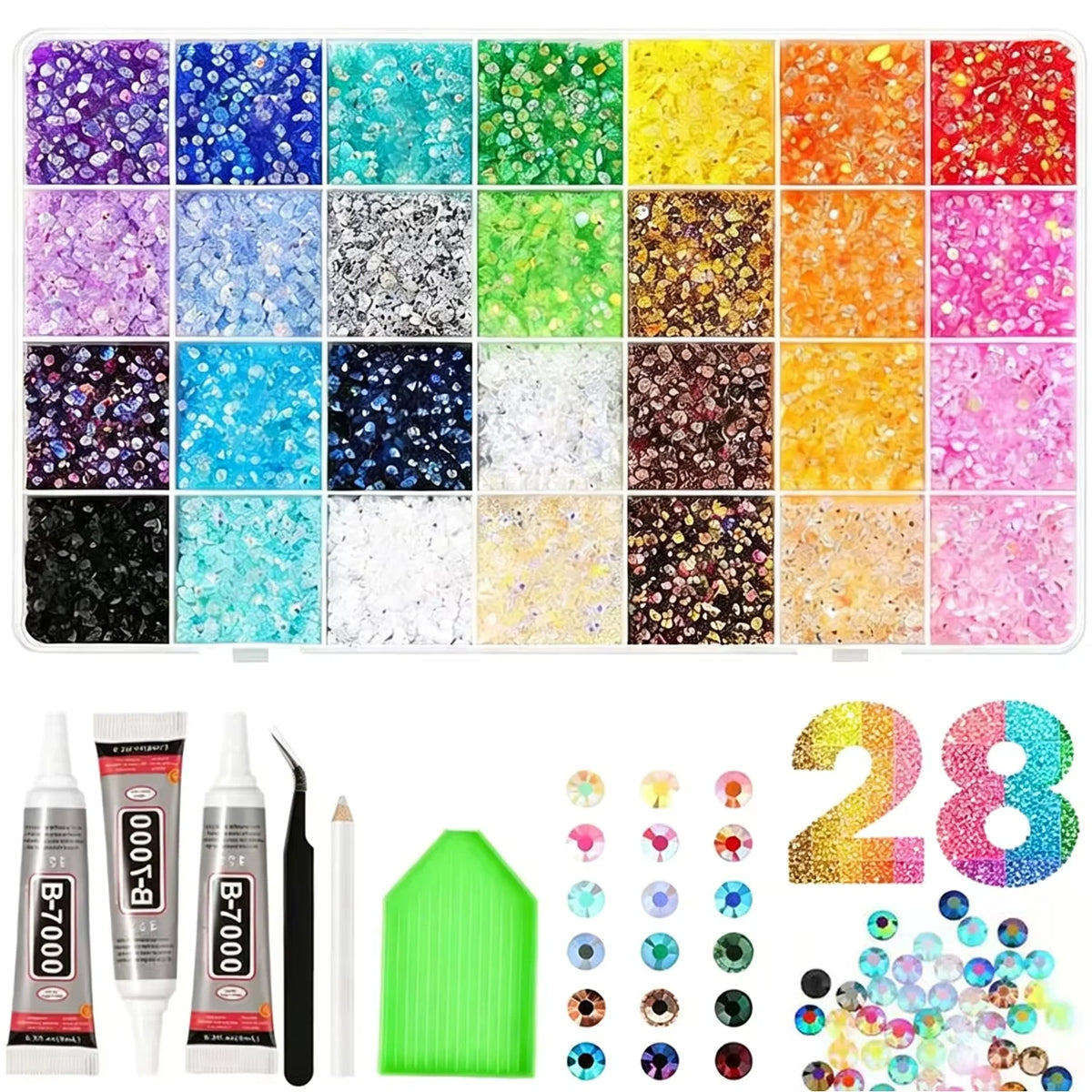 Collection de 28 pièces de strass et paillettes colorées pour travaux manuels DIY.