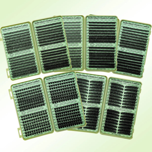 A collection of individual lash clusters in various sizes and styles displayed in green packaging.