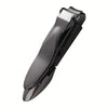 A close-up view of a black heavy duty self-collecting nail clippers.