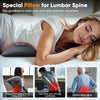A woman is lying down using a gray electric pillow for lumbar spine support and massage.