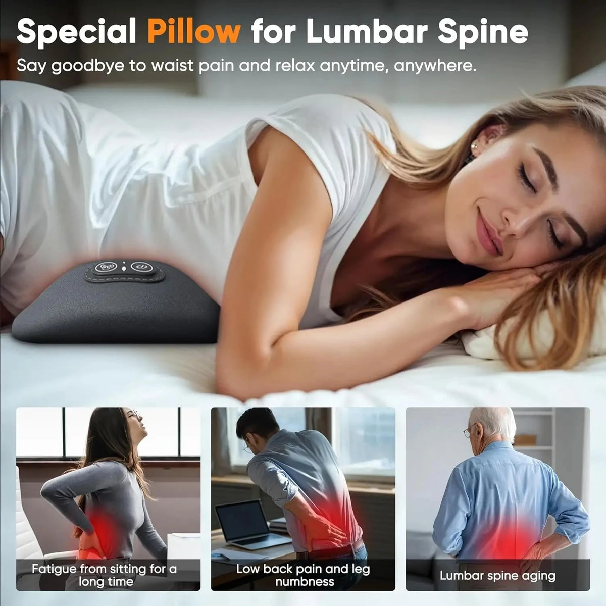 A woman is lying down using a gray electric pillow for lumbar spine support and massage.