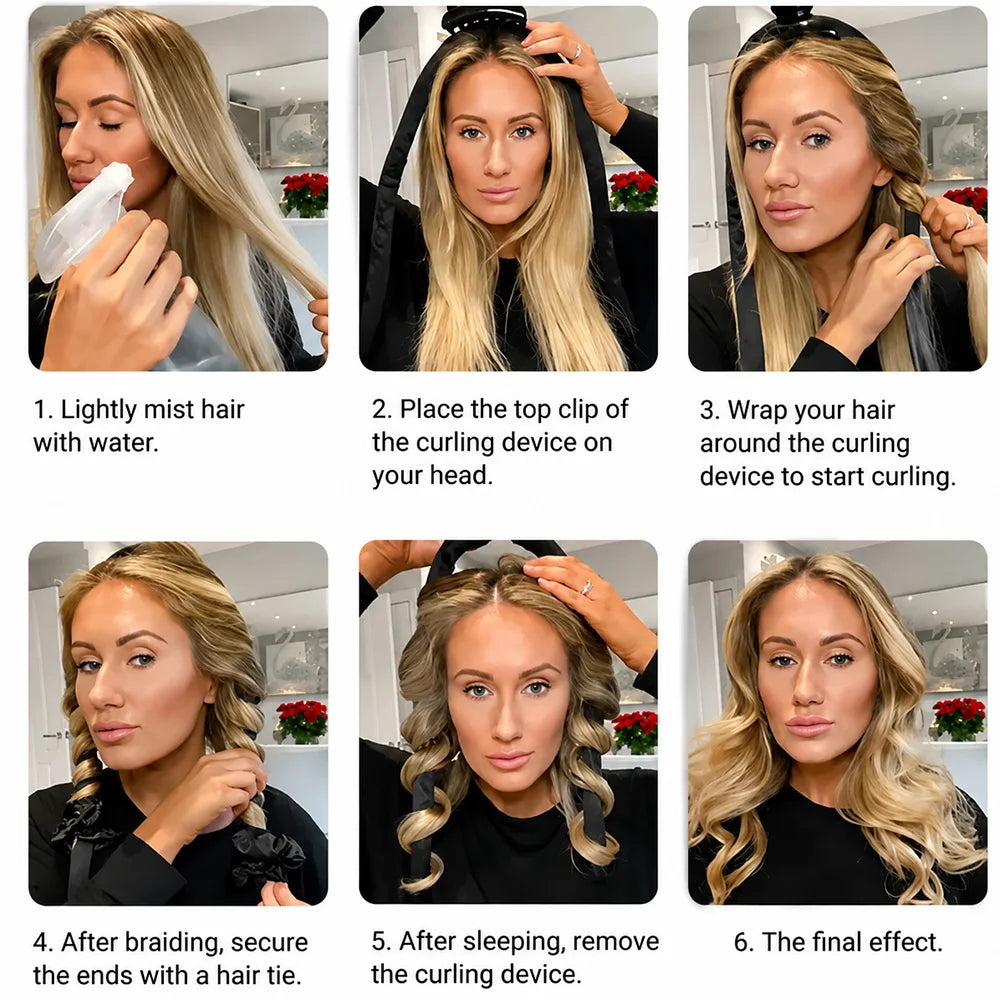 A six-step guide showing how to use a satin heatless curling set for overnight waves.